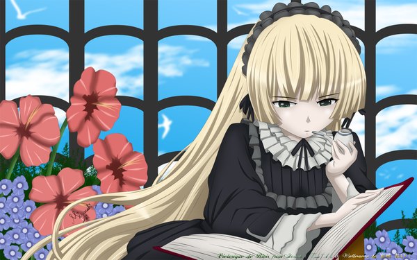 Anime picture 1920x1200 with gosick studio bones victorique de blois miyazaki rei long hair highres blonde hair wide image green eyes loli girl flower (flowers) book (books) pipe