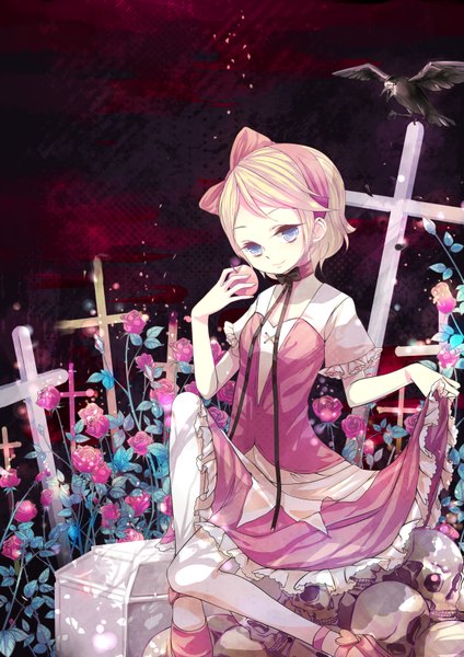 Anime picture 2480x3507 with vocaloid kagamine rin tall image highres short hair blue eyes blonde hair smile girl dress flower (flowers) ribbon (ribbons) bow hair bow animal food bird (birds) rose (roses) cross skull