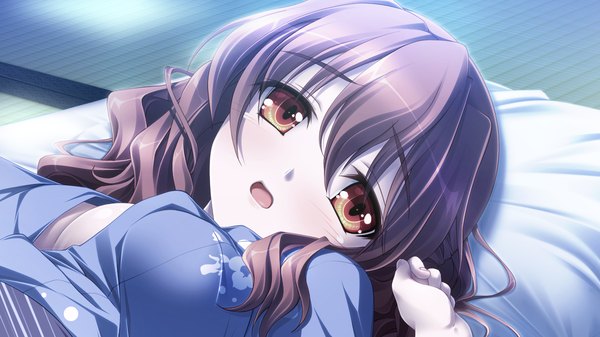 Anime picture 1280x720 with shiawase kazokubu purple software furuike ougi tsukimori hiro long hair blush open mouth red eyes brown hair wide image game cg girl