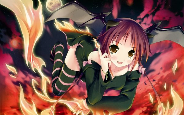 Anime picture 1920x1200 with kantoku single highres open mouth smile wide image bare shoulders sky cloud (clouds) horn (horns) flying demon girl thighhighs bow wings moon full moon fire