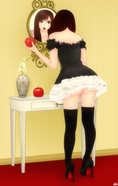 Anime picture 700x1100 with khalitzburg single long hair tall image open mouth light erotic brown hair bare shoulders holding brown eyes ass lips off shoulder back girl thighhighs dress flower (flowers) black thighhighs shoes