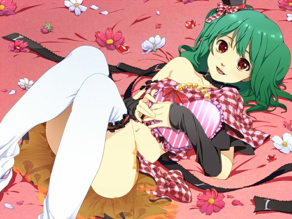 Anime picture 1000x750 with macross macross frontier ranka lee tsukota single looking at viewer short hair open mouth light erotic red eyes green hair girl thighhighs dress navel flower (flowers) hat petals white thighhighs