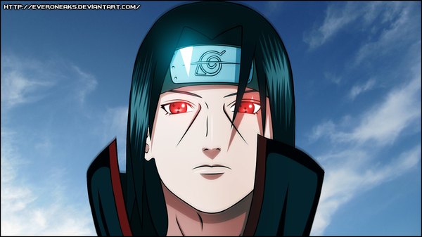 Anime picture 1920x1080 with naruto studio pierrot naruto (series) uchiha itachi everoneaks single highres short hair black hair red eyes wide image sky cloud (clouds) coloring glowing portrait face glowing eye (eyes) akatsuki sharingan