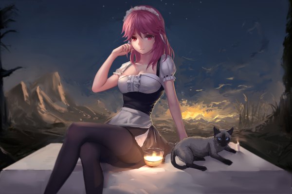 Anime picture 2397x1596 with warship girls r tirpitz (warship girls r) doren long hair looking at viewer fringe highres hair between eyes red eyes sitting pink hair sky bent knee (knees) outdoors sunlight night short sleeves maid puffy sleeves night sky