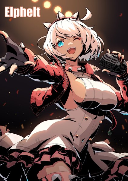 Anime picture 2897x4096 with guilty gear guilty gear strive elphelt valentine kumolin33 single tall image fringe highres short hair breasts open mouth blue eyes light erotic smile large breasts standing holding looking away ahoge white hair