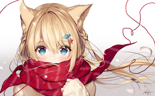 Anime picture 1000x619 with original necomi (gussan) single long hair looking at viewer blush fringe blue eyes blonde hair hair between eyes wide image signed animal ears upper body braid (braids) wind cat ears gradient background sleeves past wrists covered mouth