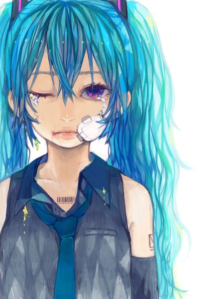Anime picture 1200x1619 with vocaloid rolling girl (vocaloid) hatsune miku sono (pixiv) single long hair tall image purple eyes twintails bare shoulders blue hair one eye closed wink crying bandaid on face girl necktie bandaid crystal barcode