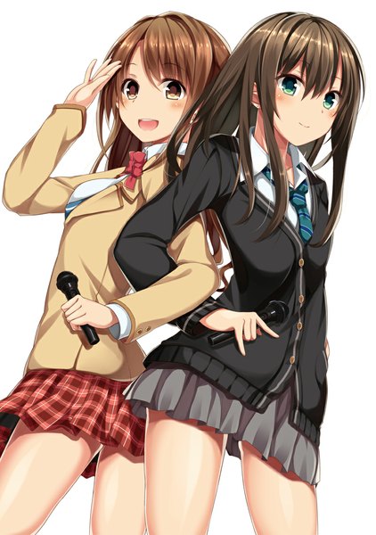 Anime picture 800x1137 with idolmaster idolmaster cinderella girls shibuya rin shimamura uzuki kouda hayato (e-gis) long hair tall image blush open mouth blue eyes simple background smile brown hair white background multiple girls brown eyes girl skirt uniform 2 girls