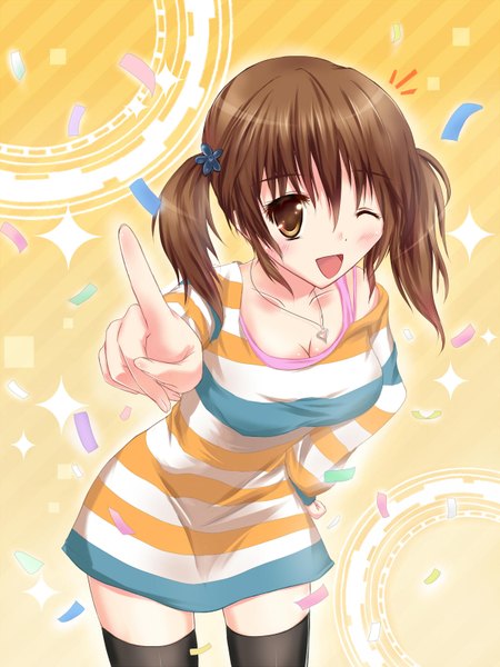 Anime picture 1200x1600 with kilias single tall image blush short hair open mouth smile brown hair twintails brown eyes one eye closed wink short twintails girl thighhighs dress black thighhighs confetti