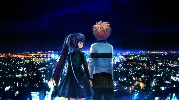 Anime picture 1280x720 with rewrite konohana lucia short hair blue eyes black hair brown hair wide image game cg ponytail night couple holding hands girl boy