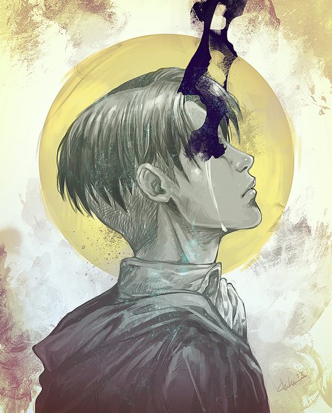 Anime picture 952x1181 with shingeki no kyojin production i.g levi (rivaille) idaiku17 single tall image short hair black hair simple background signed profile tears crying boy cape paint