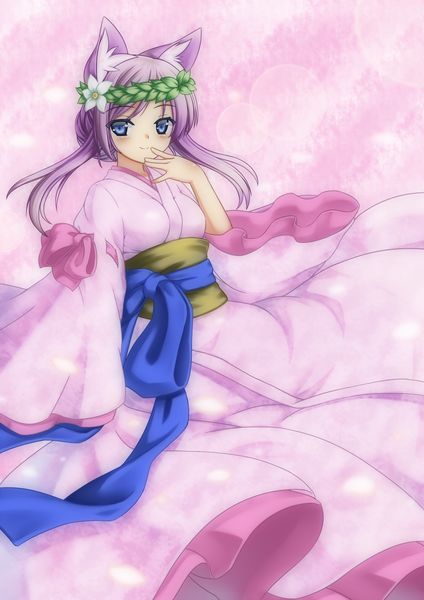 Anime picture 1050x1484 with original playjoe2005 single long hair tall image looking at viewer blush blue eyes animal ears purple hair japanese clothes finger to mouth girl kimono obi
