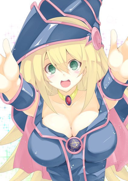 Anime picture 868x1228 with yu-gi-oh! dark magician girl jijii48 single long hair tall image looking at viewer fringe breasts open mouth light erotic simple background blonde hair hair between eyes large breasts green eyes cleavage upper body arms up sparkle