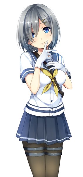 Anime picture 569x1200 with kantai collection hamakaze destroyer unasaka ryou single tall image looking at viewer blush short hair blue eyes white background light smile grey hair girl skirt gloves pantyhose sailor suit