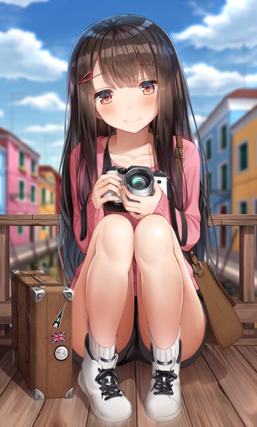 Anime picture 900x1495 with original superpig (wlstjqdla) single long hair tall image looking at viewer blush fringe smile brown hair sitting holding brown eyes sky cloud (clouds) full body bent knee (knees) outdoors blunt bangs long sleeves