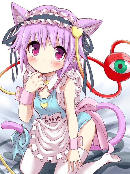 Anime picture 1050x1400 with touhou komeiji satori givuchoko tall image looking at viewer blush short hair red eyes bare shoulders animal ears purple hair barefoot cat ears loli cat tail eyes girl thighhighs swimsuit white thighhighs