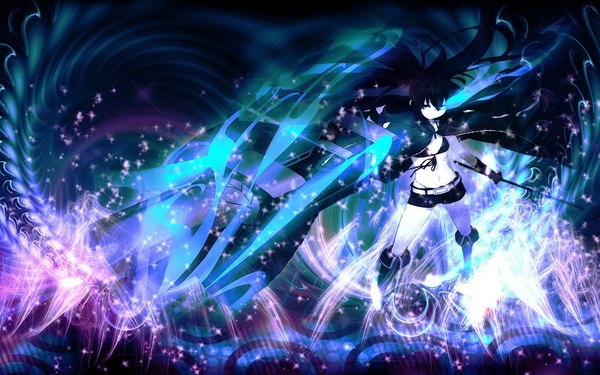 Anime picture 1131x707 with black rock shooter black rock shooter (character) single long hair looking at viewer blue eyes wide image twintails blue hair open clothes open jacket midriff glowing scar glowing eye (eyes) glowing weapon arm cannon girl gloves weapon