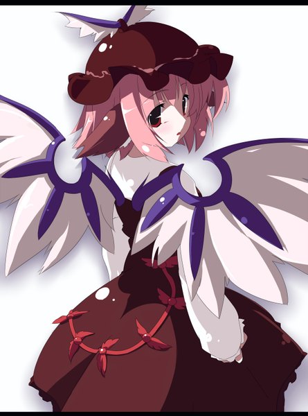 Anime picture 1150x1550 with touhou mystia lorelei oka (bananashoe) single tall image short hair simple background red eyes white background animal ears pink hair looking back girl hat wings