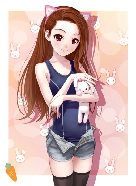 Anime picture 948x1292 with idolmaster minase iori nekopuchi single long hair tall image looking at viewer light erotic smile red eyes brown hair animal ears cat ears loli girl thighhighs black thighhighs swimsuit shorts toy
