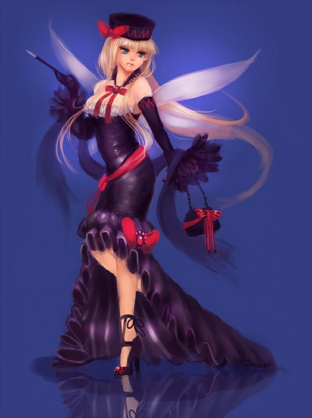 Anime picture 800x1072 with touhou lily black sheryth (artist) single long hair tall image fringe blue eyes bare shoulders looking away high heels alternate costume reflection girl dress gloves bow hat wings black gloves