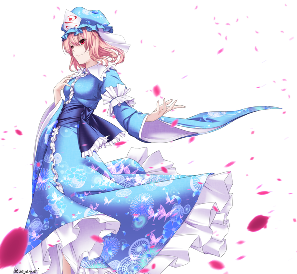 Anime picture 3500x3232 with touhou saigyouji yuyuko aono meri single highres short hair simple background smile red eyes white background signed pink hair absurdres traditional clothes wide sleeves animal print butterfly print girl petals frills