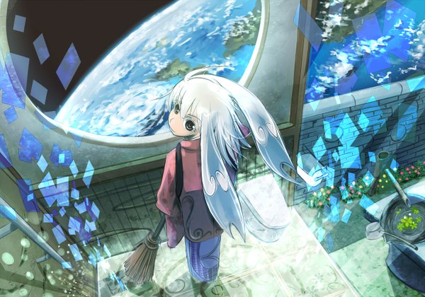 Anime picture 1400x980 with same (pixiv) single long hair white hair japanese clothes space girl flower (flowers) water kimono broom earth