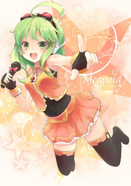 Anime picture 800x1132 with vocaloid gumi nanashina (artist) single tall image looking at viewer blush short hair open mouth green eyes ahoge green hair character names jumping girl gloves headphones fingerless gloves thigh boots microphone