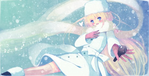 Anime picture 1567x800 with original mikuri yoru single long hair looking at viewer blush blue eyes blonde hair wide image snowing winter music girl gloves hat heart scarf coat microphone musical note