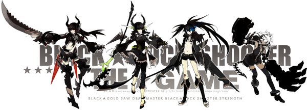 Anime picture 2752x1000 with black rock shooter black rock shooter (character) dead master strength (black rock shooter) black gold saw star shadow magician long hair looking at viewer fringe highres short hair breasts open mouth blue eyes black hair red eyes wide image large breasts twintails bare shoulders
