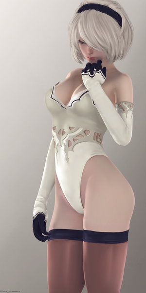 Anime picture 1000x2000 with nier nier:automata yorha no. 2 type b emy-san single tall image fringe short hair breasts light erotic simple background standing bare shoulders white hair lips hair over one eye mole mole under mouth girl thighhighs
