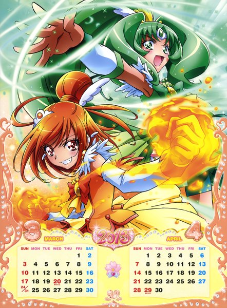 Anime picture 4964x6727 with precure smile precure! cure march cure sunny long hair tall image blush highres open mouth multiple girls green eyes absurdres ponytail green hair scan orange hair orange eyes calendar 2013 girl dress