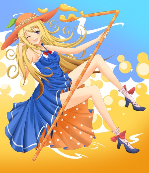 Anime picture 2500x2900 with original orangina dare! single long hair tall image blush highres open mouth blue eyes blonde hair smile bare shoulders looking away one eye closed wink girl dress ribbon (ribbons) hat