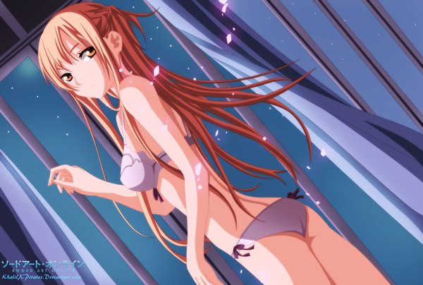 Anime picture 1200x809 with sword art online a-1 pictures yuuki asuna khalilxpirates single long hair light erotic looking back orange hair inscription night orange eyes night sky coloring girl lingerie window curtains