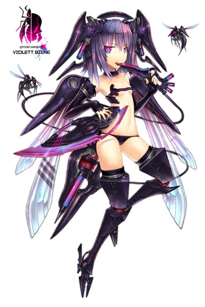 Anime picture 1200x1794 with original gia single long hair tall image light erotic simple background white background purple eyes purple hair midriff mecha musume mechanical wings girl navel hair ornament underwear panties weapon sword