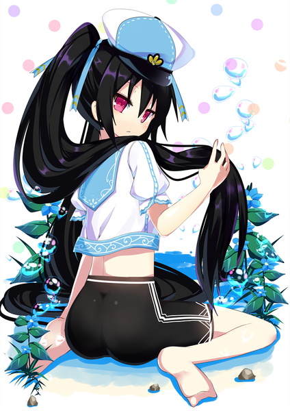 Anime picture 707x1000 with original nyori single long hair tall image looking at viewer blush black hair sitting twintails pink eyes looking back wariza girl flower (flowers) bow hair bow hat shorts bubble (bubbles)