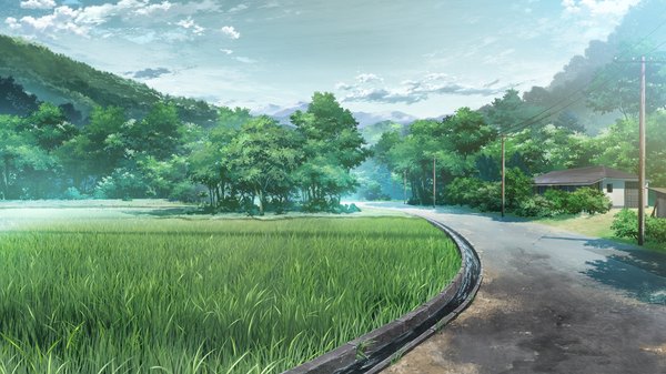 Anime picture 1280x720 with grisaia no kajitsu wide image game cg sky cloud (clouds) mountain landscape plant (plants) tree (trees) grass house road