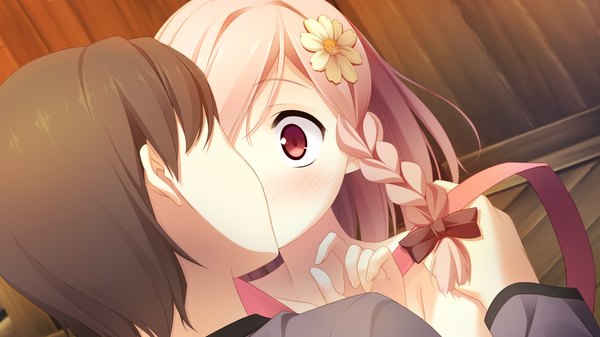 Anime picture 1920x1080 with your diary nagamine tomoki yua (your diary) kantoku blush highres short hair black hair red eyes wide image pink hair game cg braid (braids) hair flower loli couple kiss girl boy hair ornament