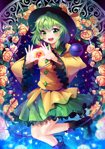Anime picture 883x1250 with touhou komeiji koishi squchan single tall image blush fringe short hair open mouth smile hair between eyes green eyes looking away bent knee (knees) pleated skirt green hair night wide sleeves night sky happy