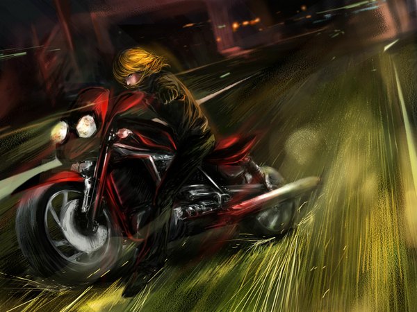 Anime picture 2000x1500 with death note madhouse mello (mihael keehl) rikamello highres short hair blonde hair green eyes city light boy gloves road motorcycle