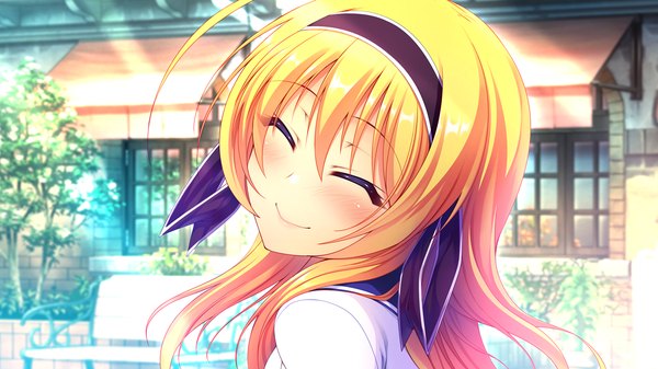 Anime picture 1280x720 with kimi to koi suru gakuen kissa single long hair blush blonde hair smile wide image game cg eyes closed girl hairband