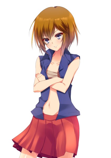 Anime picture 849x1200 with original yappen single tall image looking at viewer short hair blue eyes simple background smile brown hair white background girl skirt navel