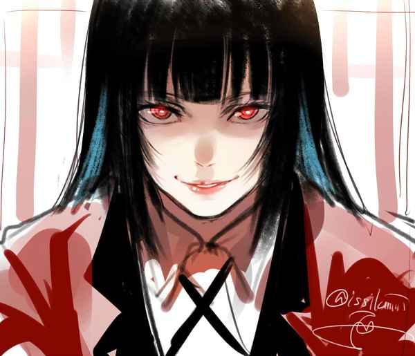 Anime picture 1200x1031 with kakegurui jabami yumeko isshiki (ffmania7) single long hair looking at viewer fringe black hair smile red eyes signed upper body blunt bangs twitter username girl uniform school uniform