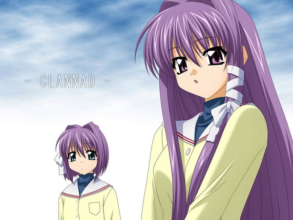Anime picture 1024x768 with clannad key (studio) fujibayashi kyou fujibayashi ryou wave ride purple hair wallpaper uniform school uniform tagme