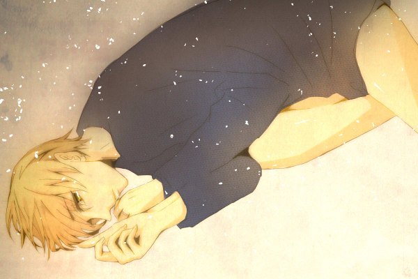 Anime picture 1200x800 with kuroko no basket production i.g kise ryouta single short hair blonde hair yellow eyes lying from above snowing winter snow naked shirt boy