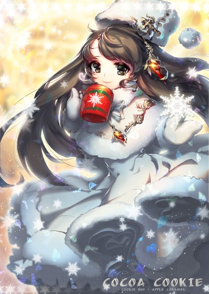 Anime picture 1200x1687 with cookie run cocoa cookie apple caramel single long hair tall image blush smile brown hair brown eyes copyright name text girl dress gloves ribbon (ribbons) white gloves white dress cloak cup
