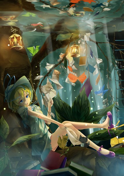 Anime picture 1414x2000 with original ilis (artist) single tall image short hair blue eyes blonde hair underwater girl dress plant (plants) tree (trees) shoes book (books) origami