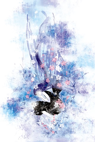 Anime picture 800x1200 with original koto2 single long hair tall image bare shoulders signed purple hair eyes closed profile barefoot sleeveless crying girl dress flower (flowers) black dress