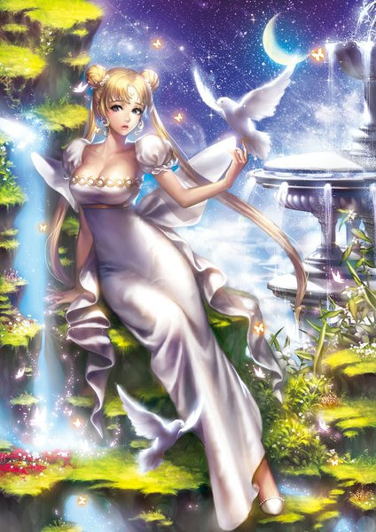Anime picture 700x990 with bishoujo senshi sailor moon toei animation tsukino usagi princess serenity 'o'ne (ekdlem1) single long hair tall image looking at viewer blue eyes blonde hair sitting twintails cleavage cloud (clouds) parted lips lips night arm support short sleeves