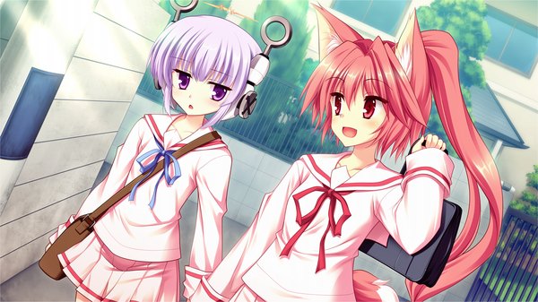 Anime picture 1280x720 with k-ten red eyes wide image purple eyes multiple girls animal ears game cg purple hair red hair holding hands girl 2 girls serafuku