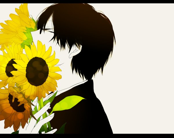 Anime picture 1516x1200 with vocaloid sarishinohara (vocaloid) natsumi foooo short hair black hair simple background eyes closed tears pale skin boy flower (flowers) glasses sunflower